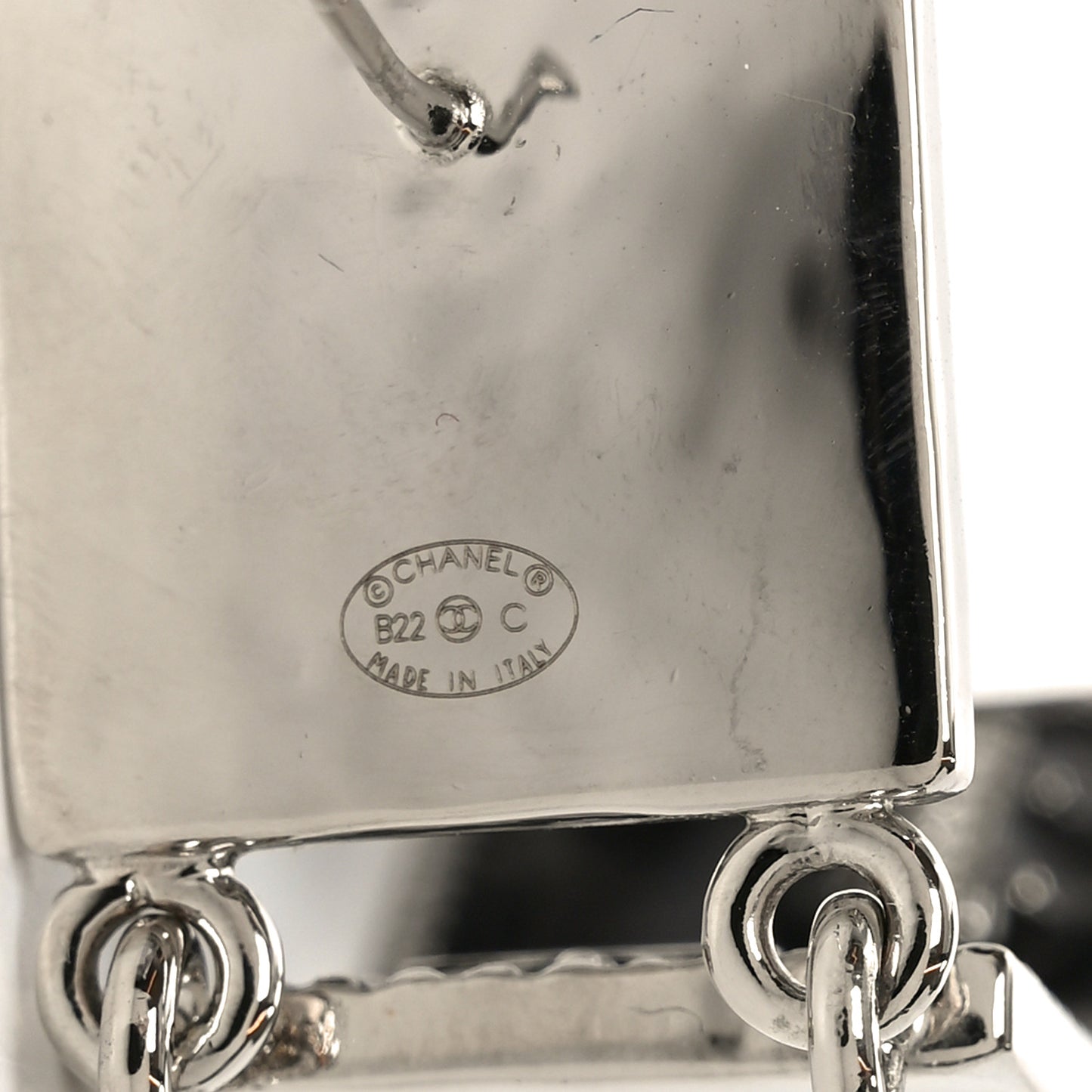Metal Crystal Cha-Nel Logo Drop Earrings Silver
