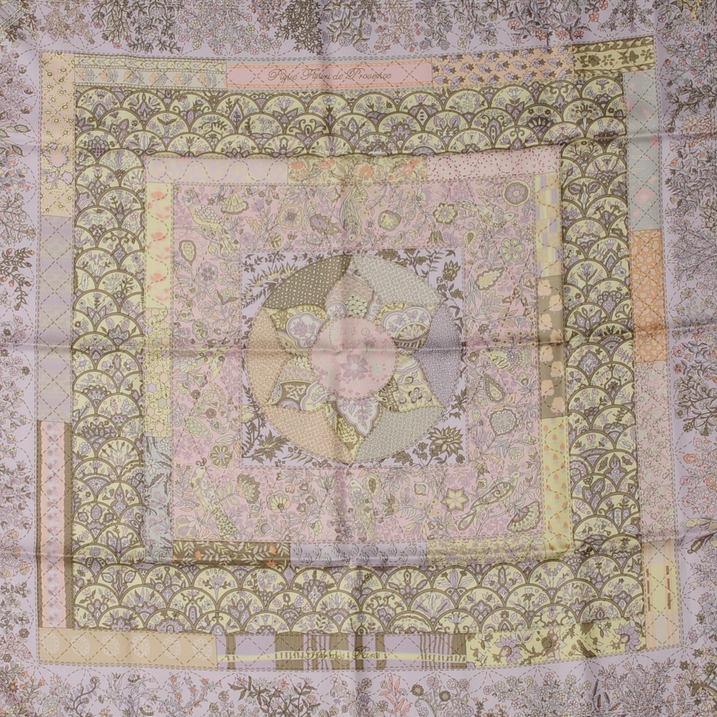 Silk Pique Fleuri de Provence Scarf 90 Gris Perle Lilac Rose Poudre
