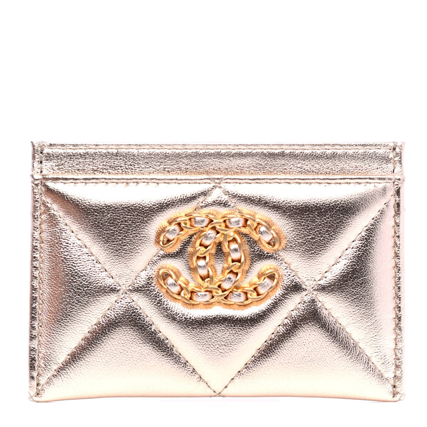 Metallic Lambskin Quilted Chanel 19 Card Holder Gold