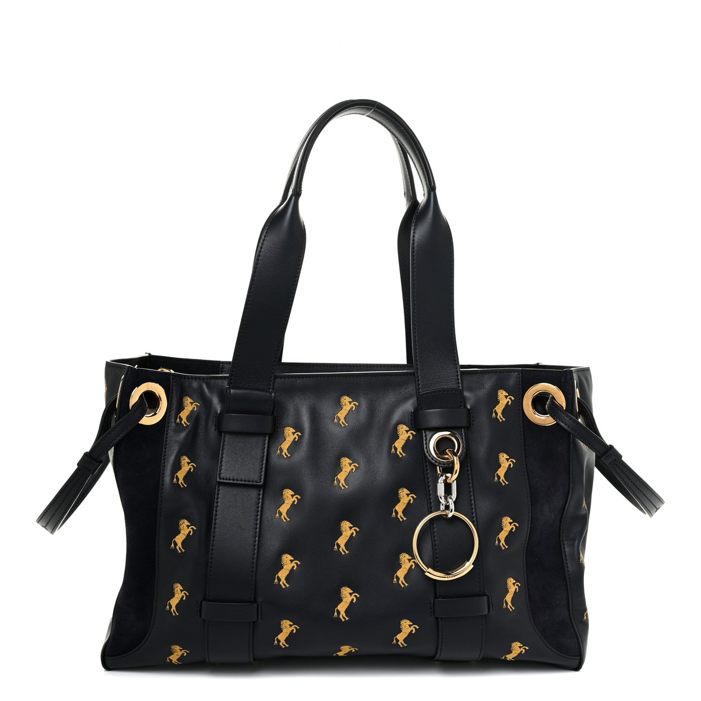 Smooth Calfskin Little Horses Embroidered Tao Zipped Tote Black