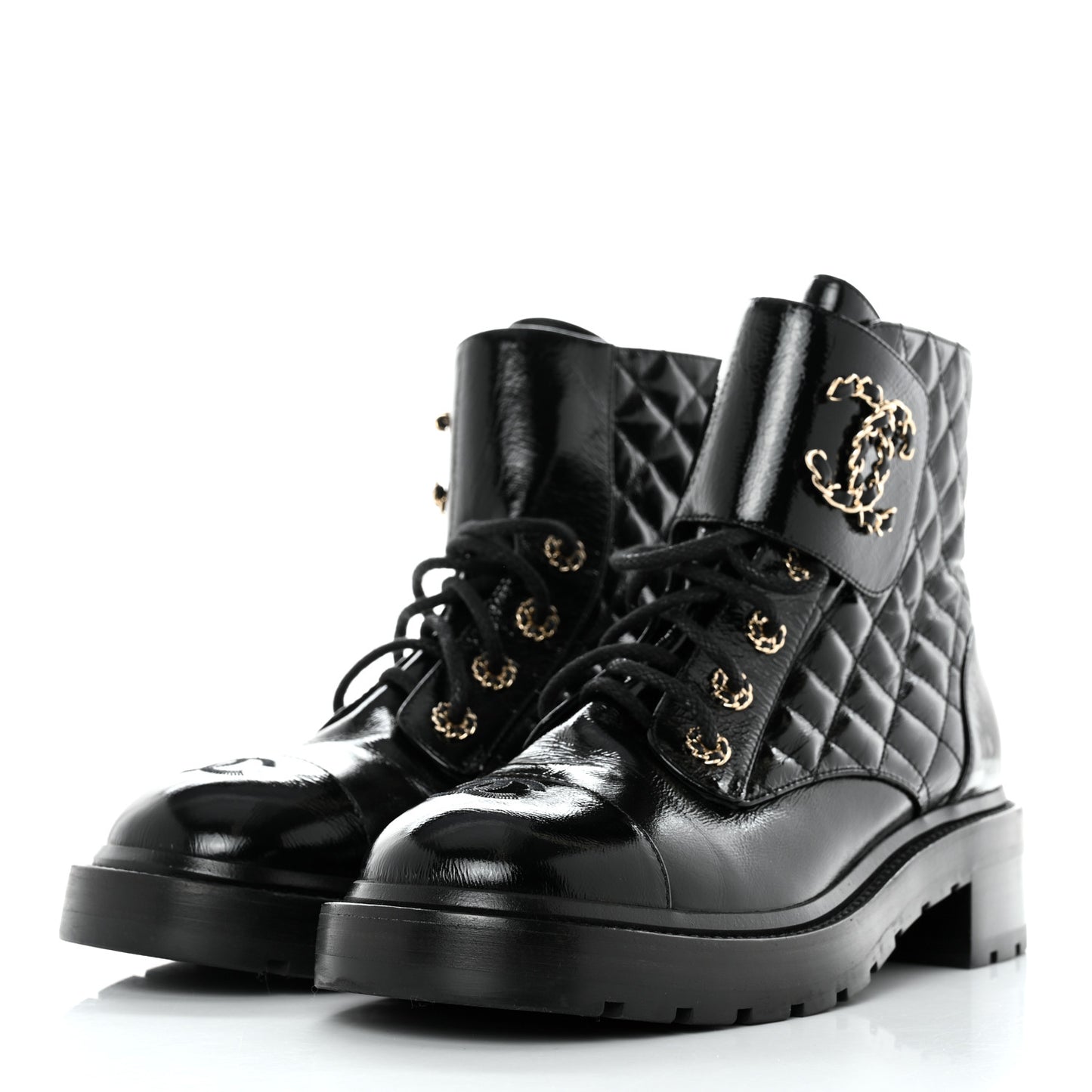 Shiny Calfskin Quilted Lace Up Combat Boots 41 Black