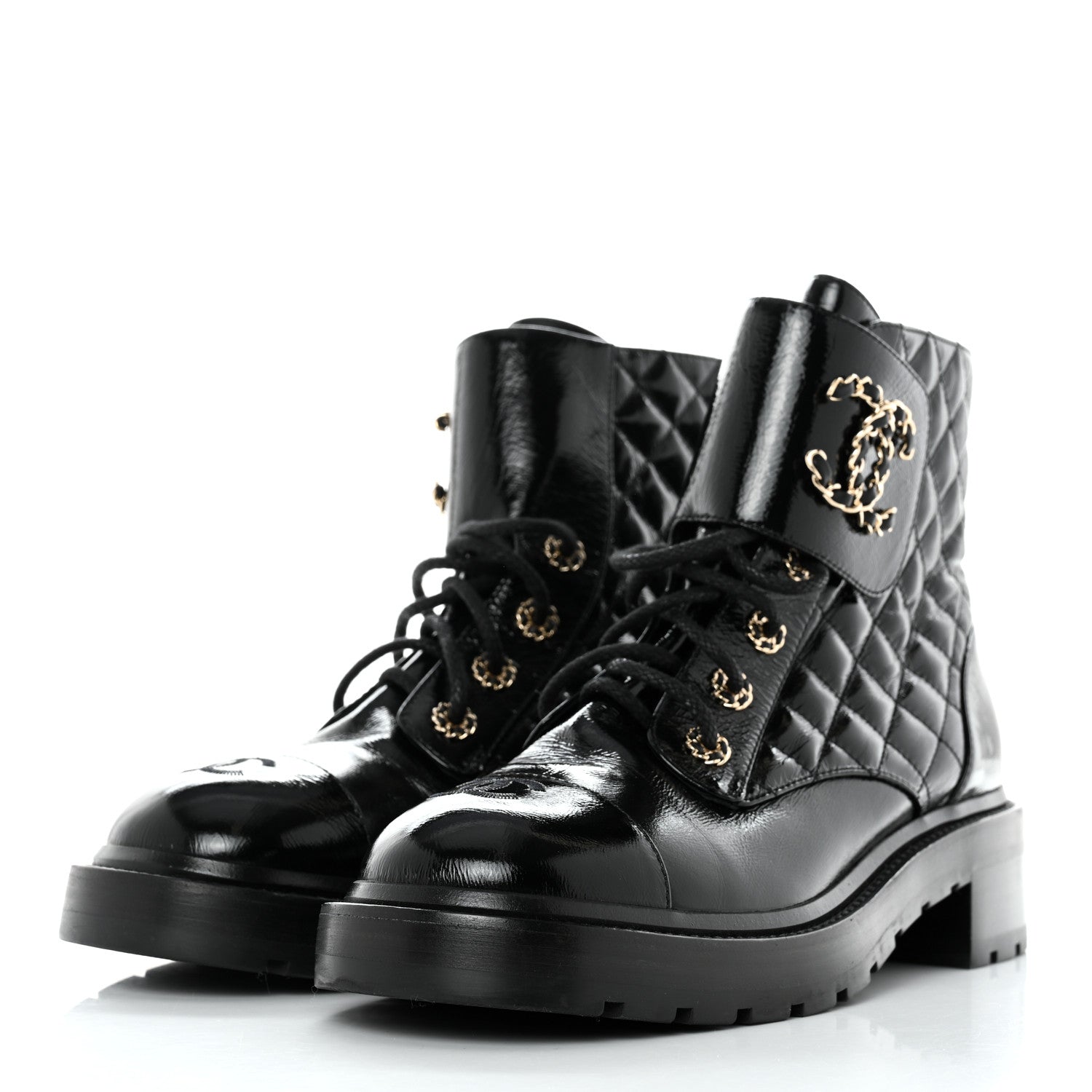 Chanel Shiny Calfskin Quilted Lace Up Combat Boots 41 Black 3 of 8