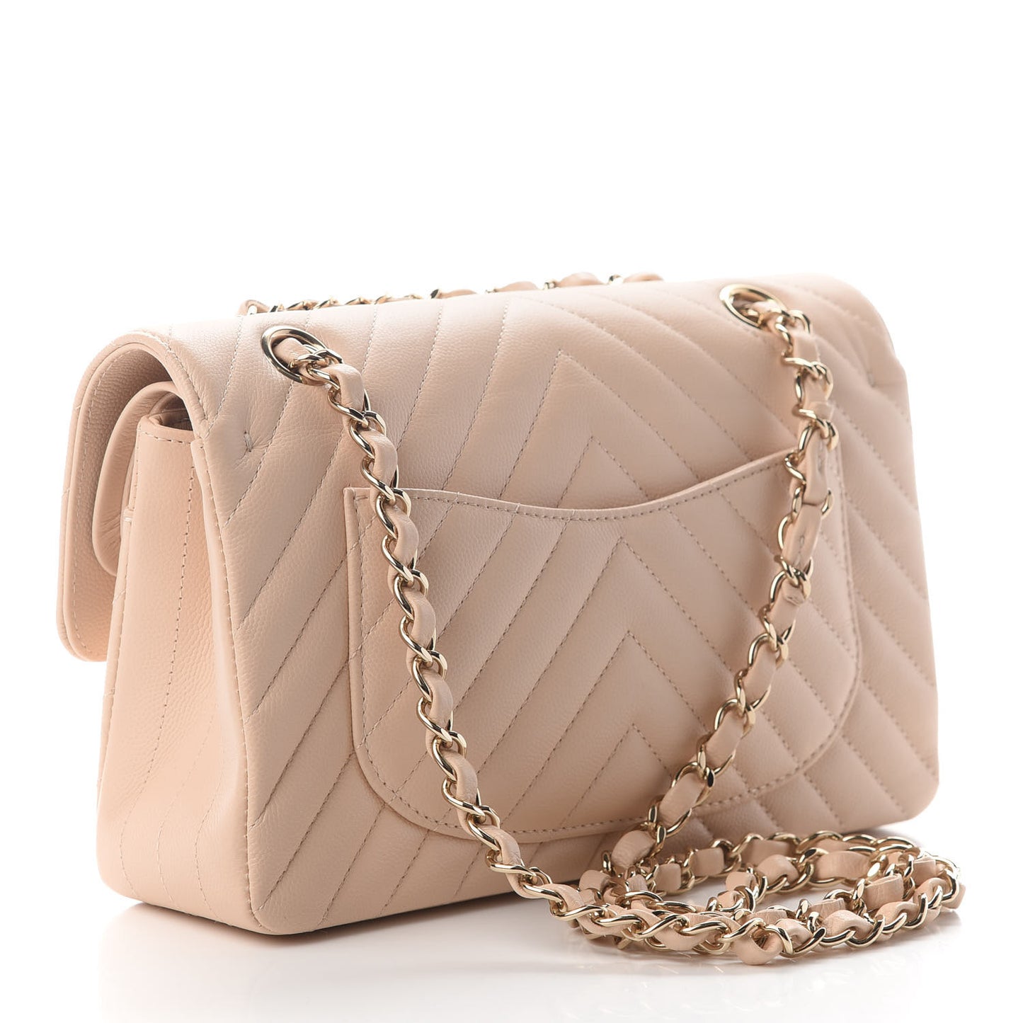 Caviar Chevron Quilted Small Double Flap Beige