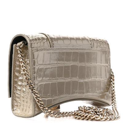 Balenciaga Shiny Calfskin Crocodile Embossed Hourglass Chain Bag Light Gold 3 of 9