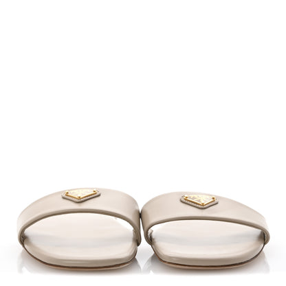 Prada Nappa Metal Triangle Logo Flat Slide Sandals 39 Travertino 3 of 9