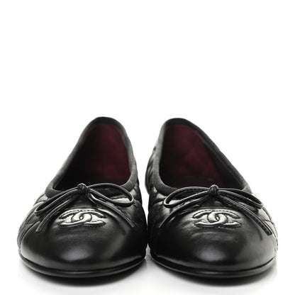Chanel Aged Calfskin Quilted CC Cap Toe Ballerina Flats 37.5 Black 2 of 8