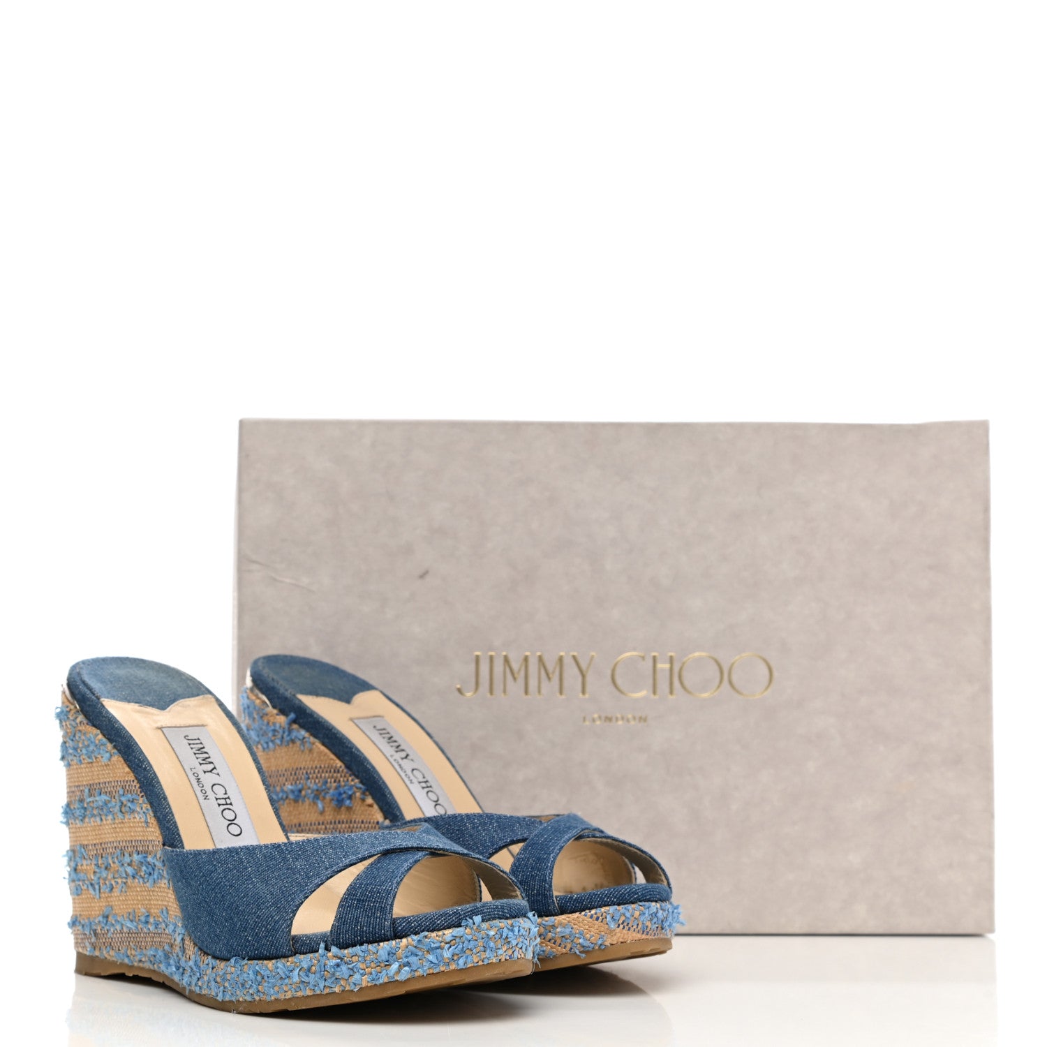 Jimmy Choo Denim Fringed Raffia Almer 105 Wedge Sandals 36 Navy 10 of 10