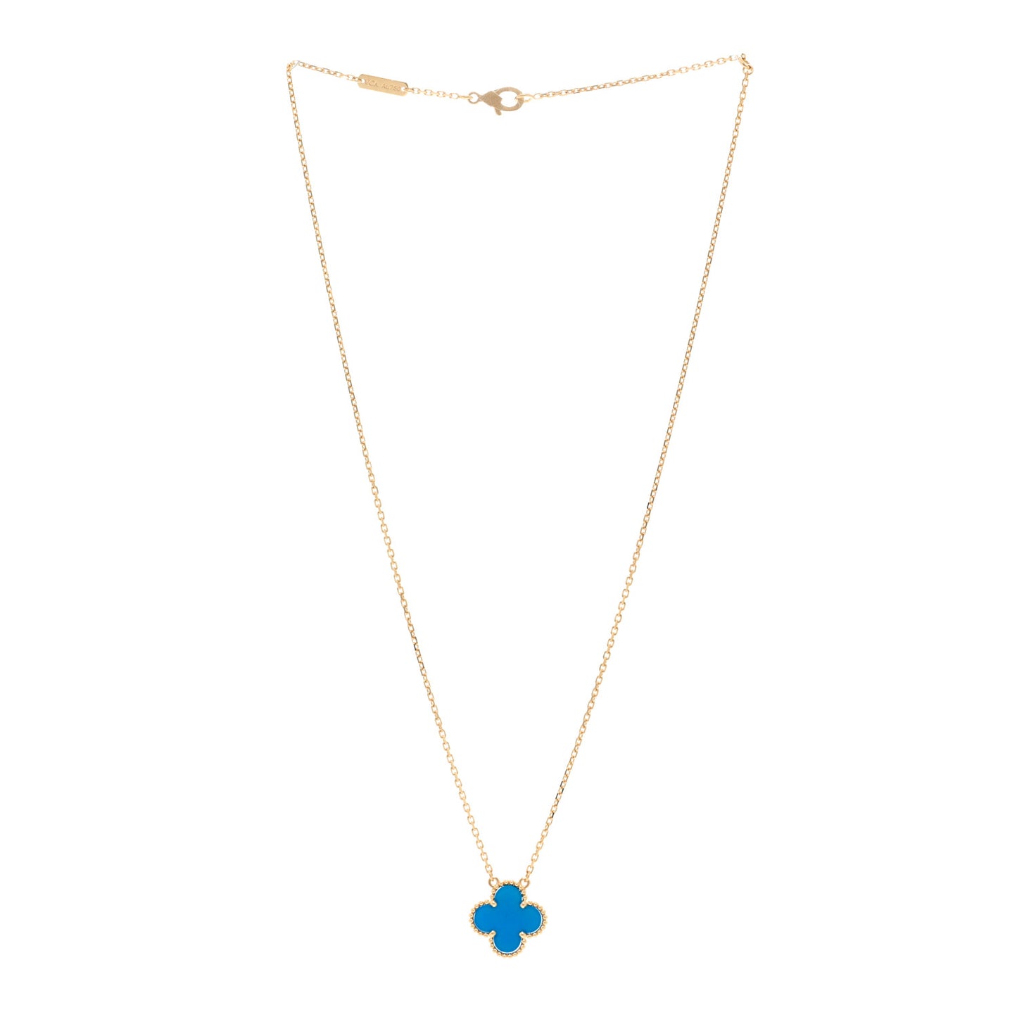 18K Yellow Gold Blue Agate Vintage Alhambra Pendant Necklace