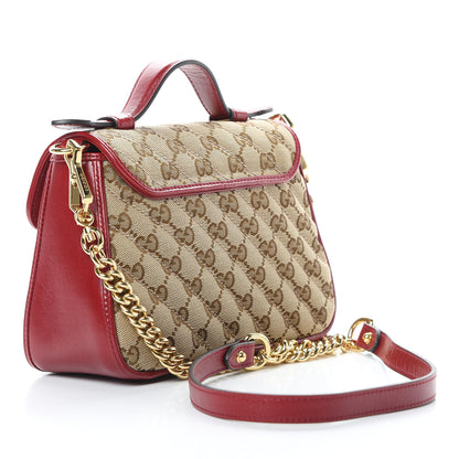 Gucci Monogram Glazed Calfskin Matelasse Diagonal Mini GG Marmont Top Handle Shoulder Bag Beige Ebony New Cherry Red 3 of 10