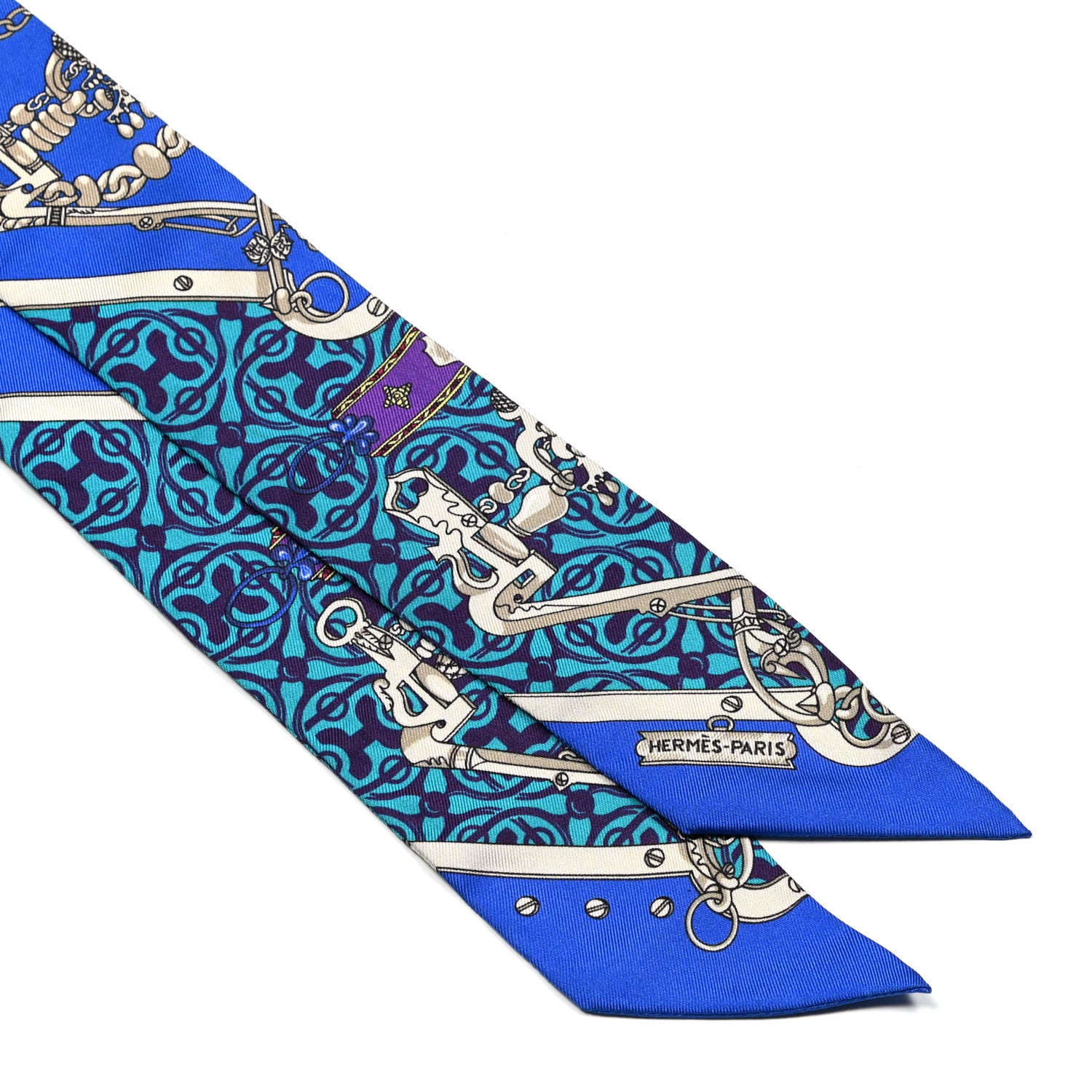 Hermes Silk Mors Et Gourmettes Remix Twilly Bleu Roy Turquoise Prune 2 of 4