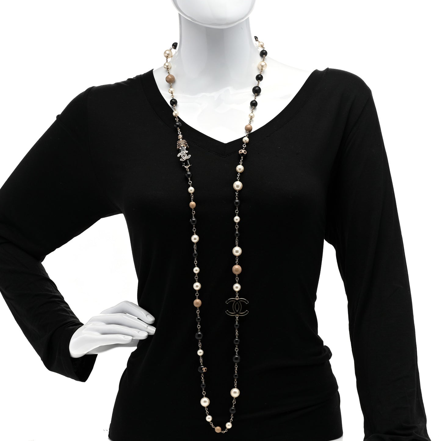 Pearl Beaded Enamel CC Coco Long Necklace Blanc Nacre Black Beige Gold