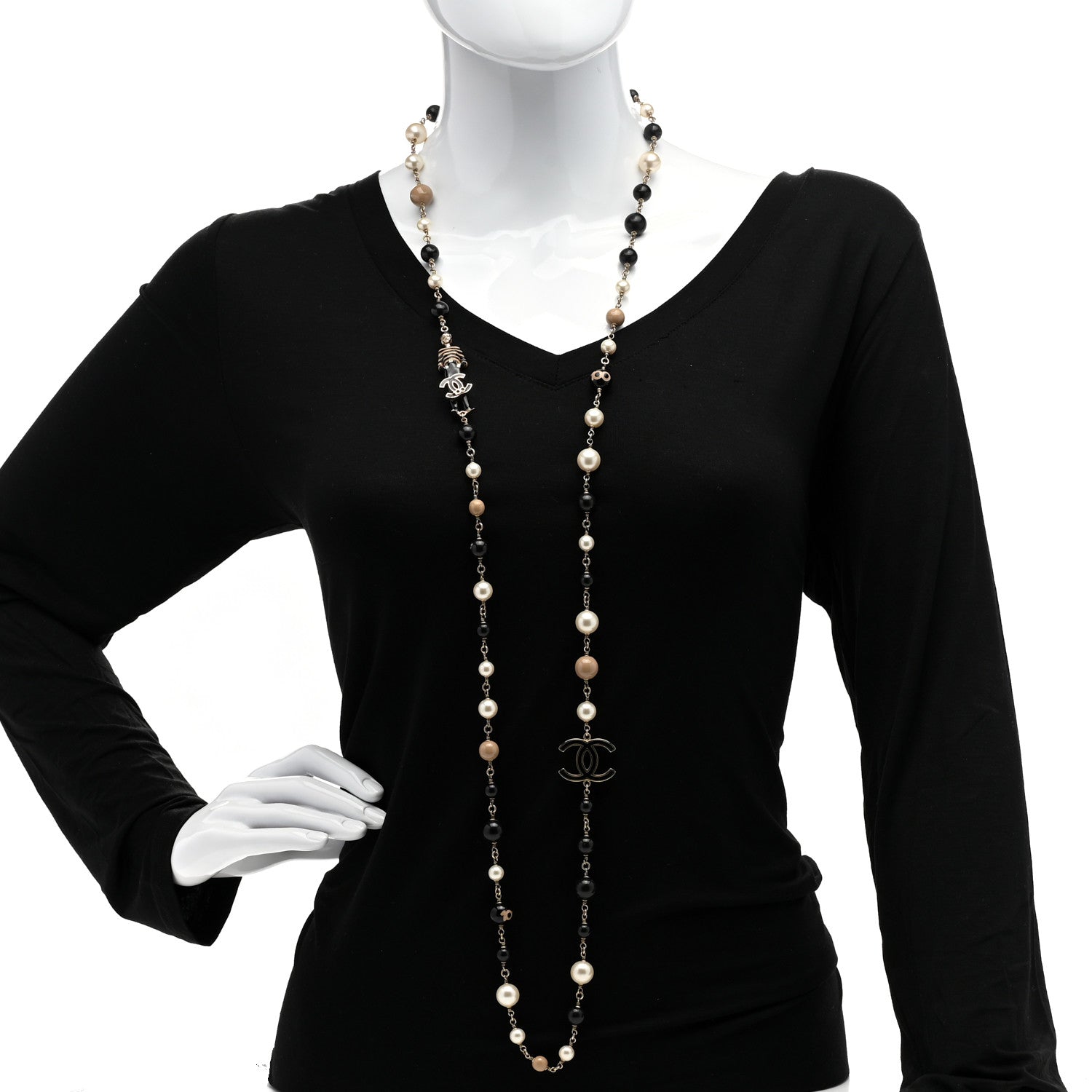 Chanel Pearl Beaded Enamel CC Coco Long Necklace Blanc Nacre Black Beige Gold 2 of 5