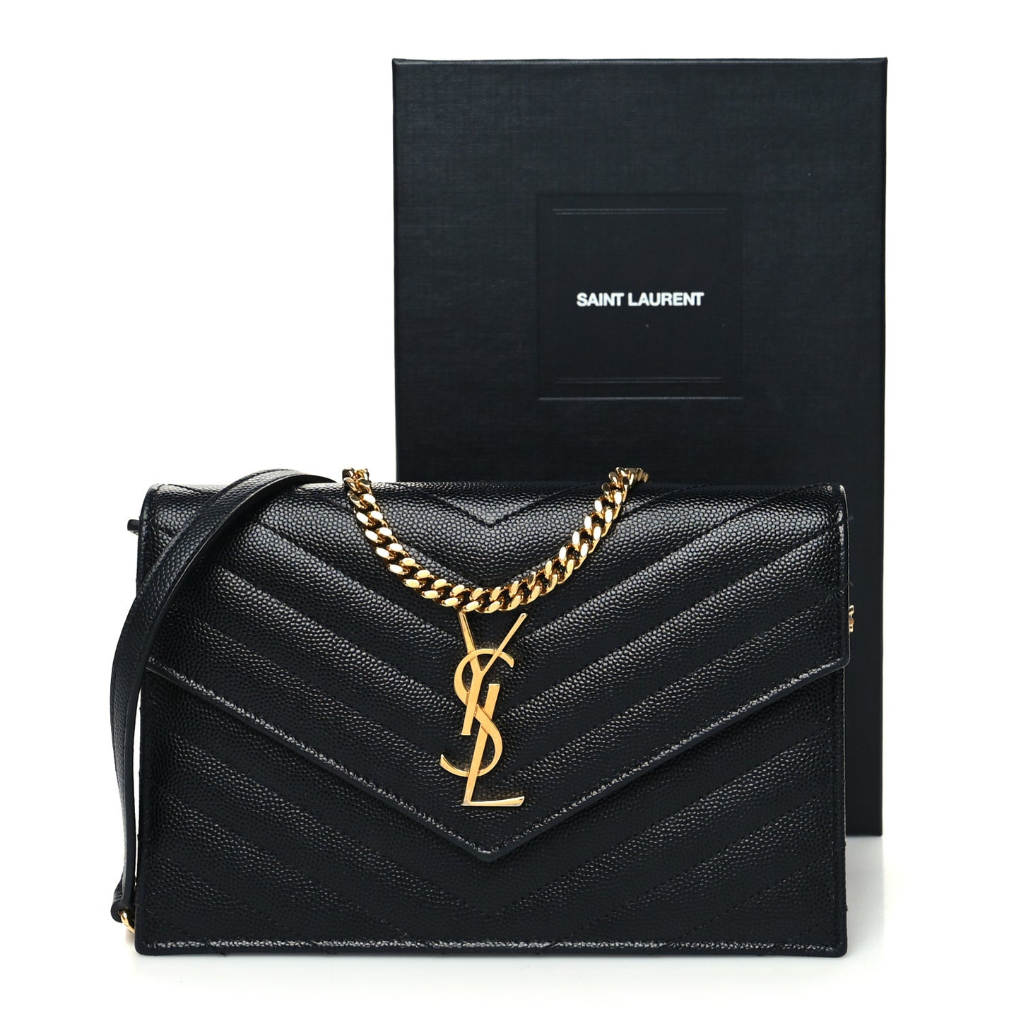 Grain De Poudre Matelasse Chevron Monogram Envelope Chain Wallet Black