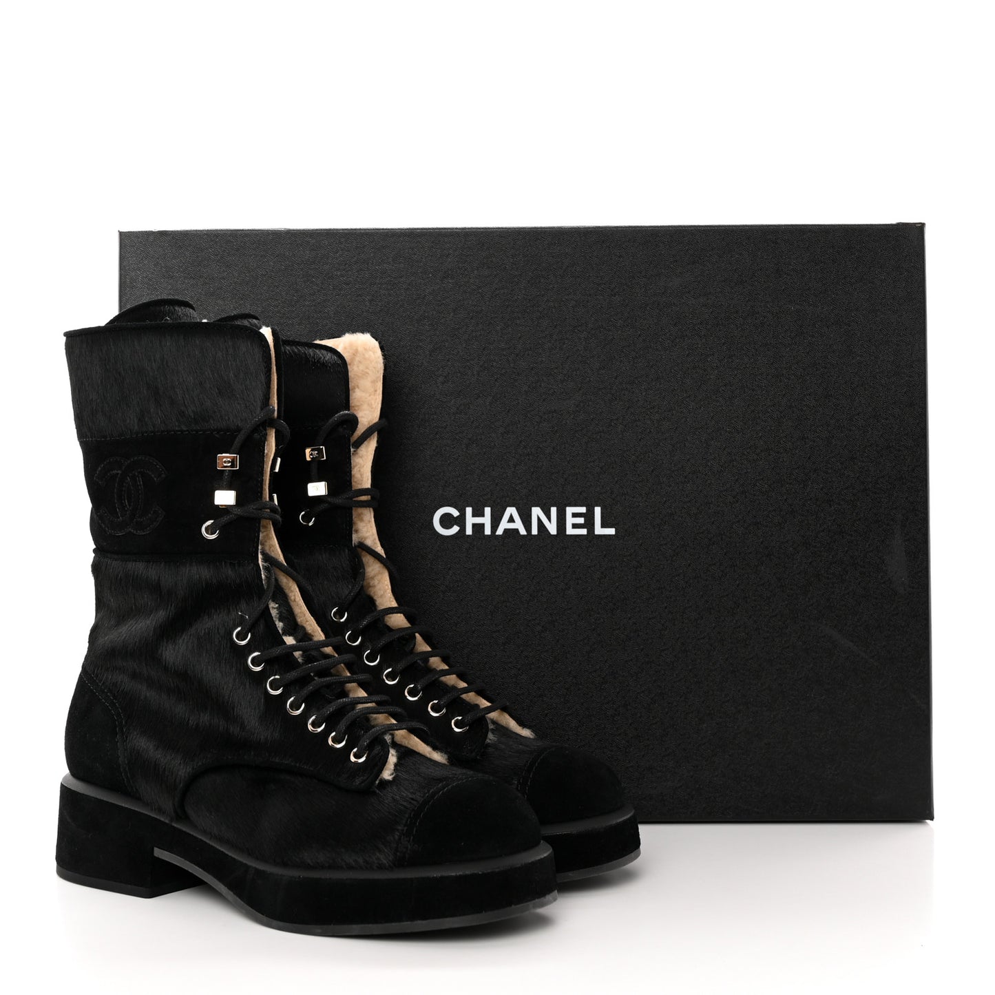 Suede Pony Hair Shearling Lace Up Combat Boots 38.5 Black White