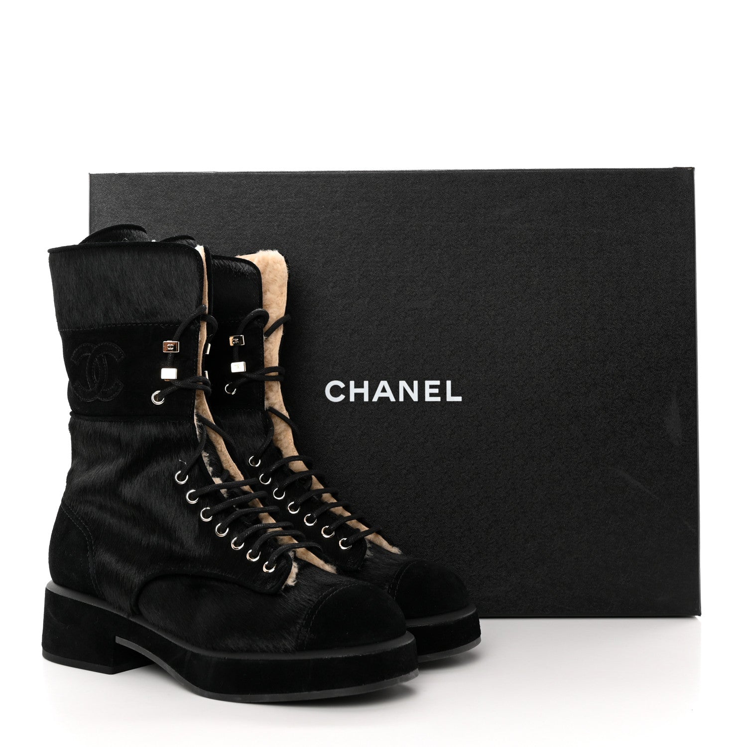 Chanel Suede Pony Hair Shearling Lace Up Combat Boots 38.5 Black White 11 of 11