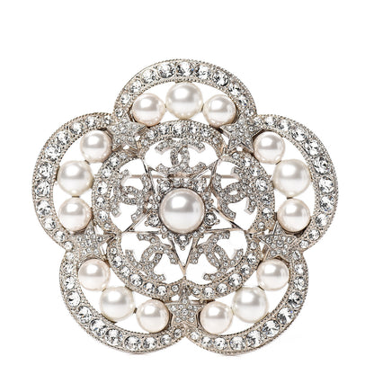 Chanel Crystal Pearl Flower CC Brooch Silver 1 of 4