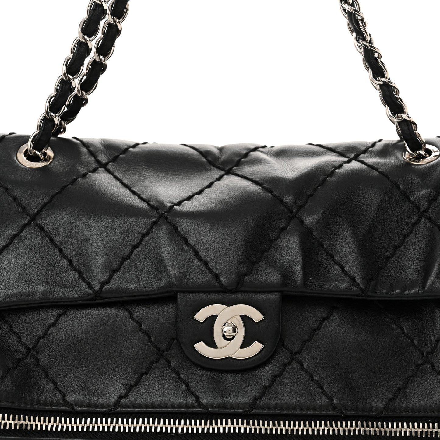 Calfskin Stitched Large Expandable Flap Bag Black