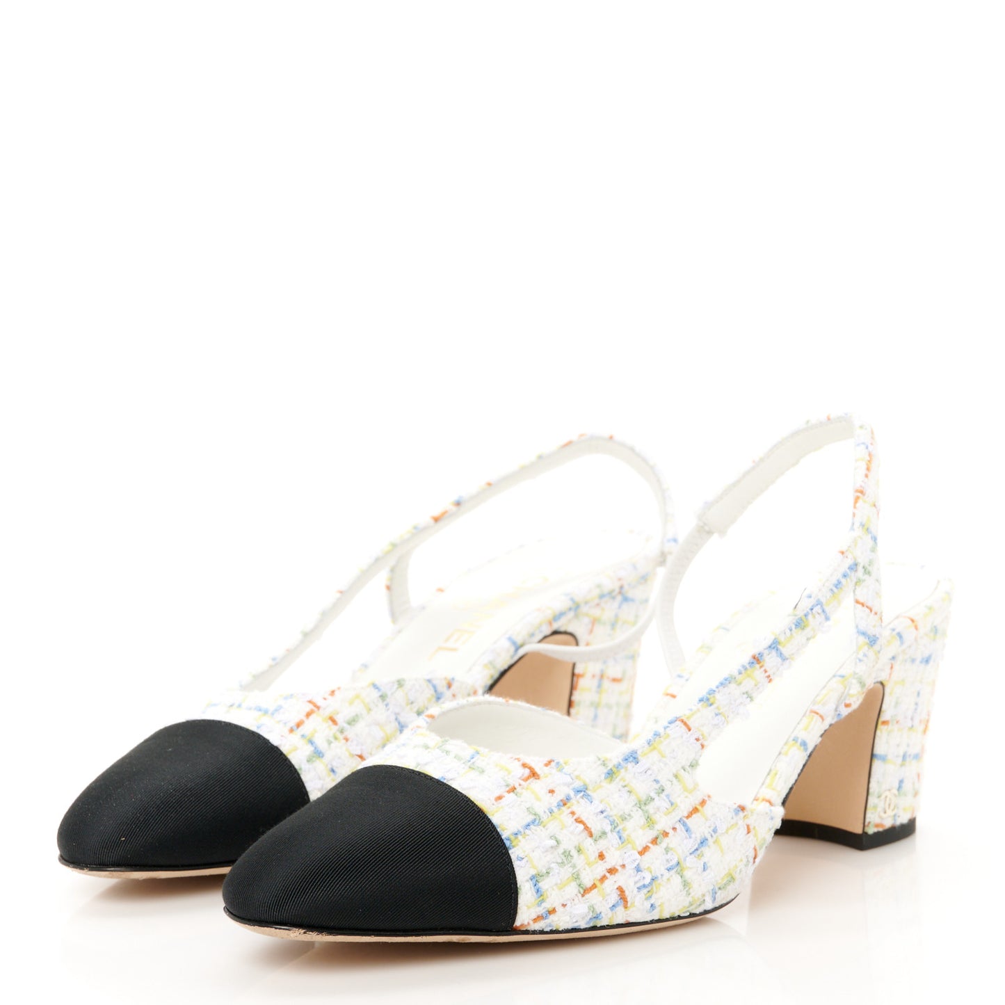 Tweed Grosgrain Cap Toe CC Slingback Pumps 40.5 White Multicolor