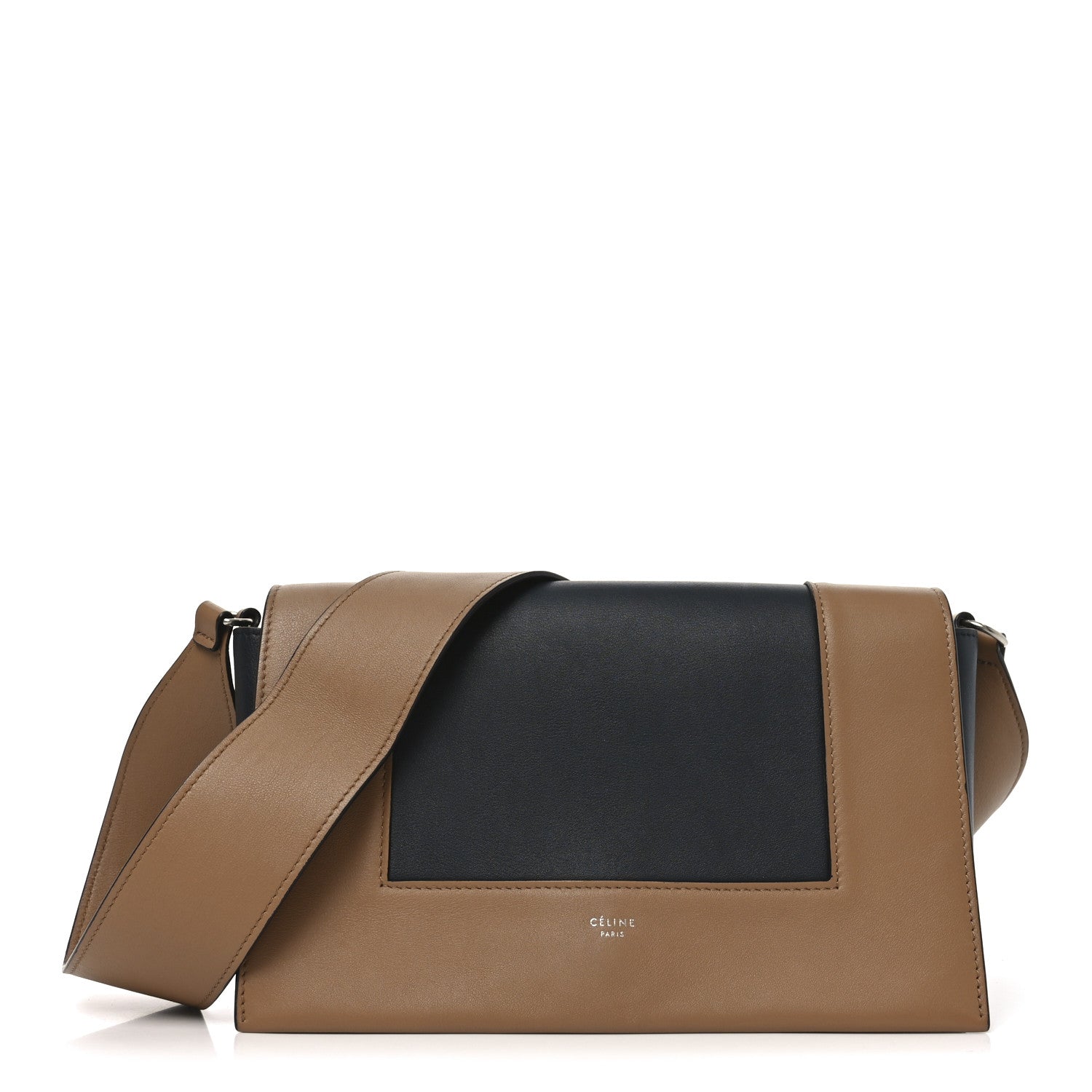 Celine Shiny Smooth Calfskin Medium Frame Shoulder Bag Tan Navy 1 of 10