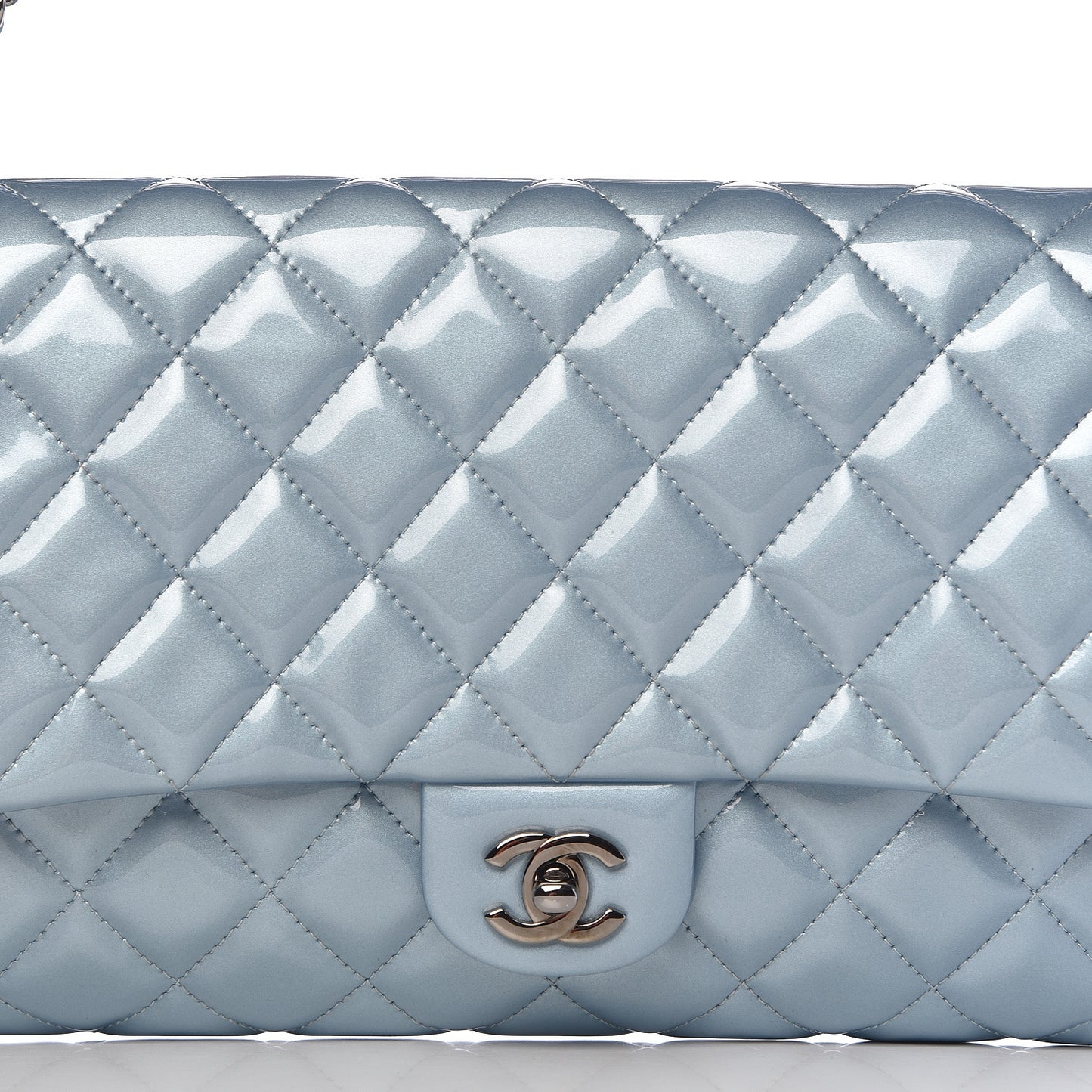 Patent Quilted Clutch with Chain Flap Light Blue