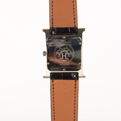 Hermes Stainless Steel Alligator Diamond Mother of Pearl 26mm Heure H Hour Quartz Watch Noir 3 of 11
