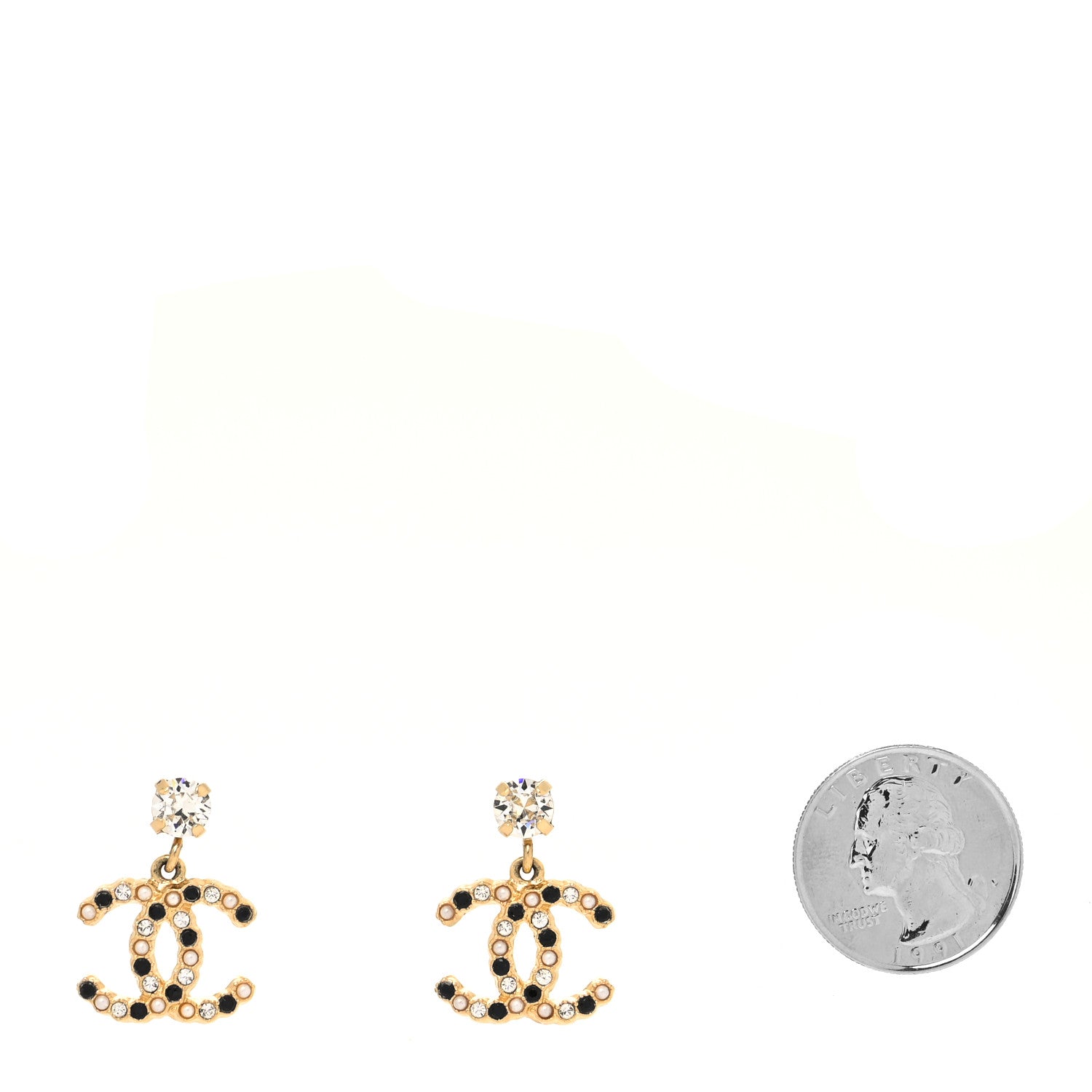 Chanel Resin Crystal Pearl CC Drop Earrings Gold Black 2 of 4