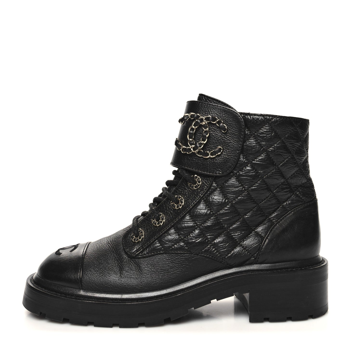 Shiny Calfskin Quilted Lace Up Combat Boots 39 Black
