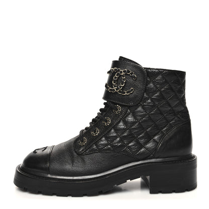 Chanel Shiny Calfskin Quilted Lace Up Combat Boots 39 Black 1 of 9