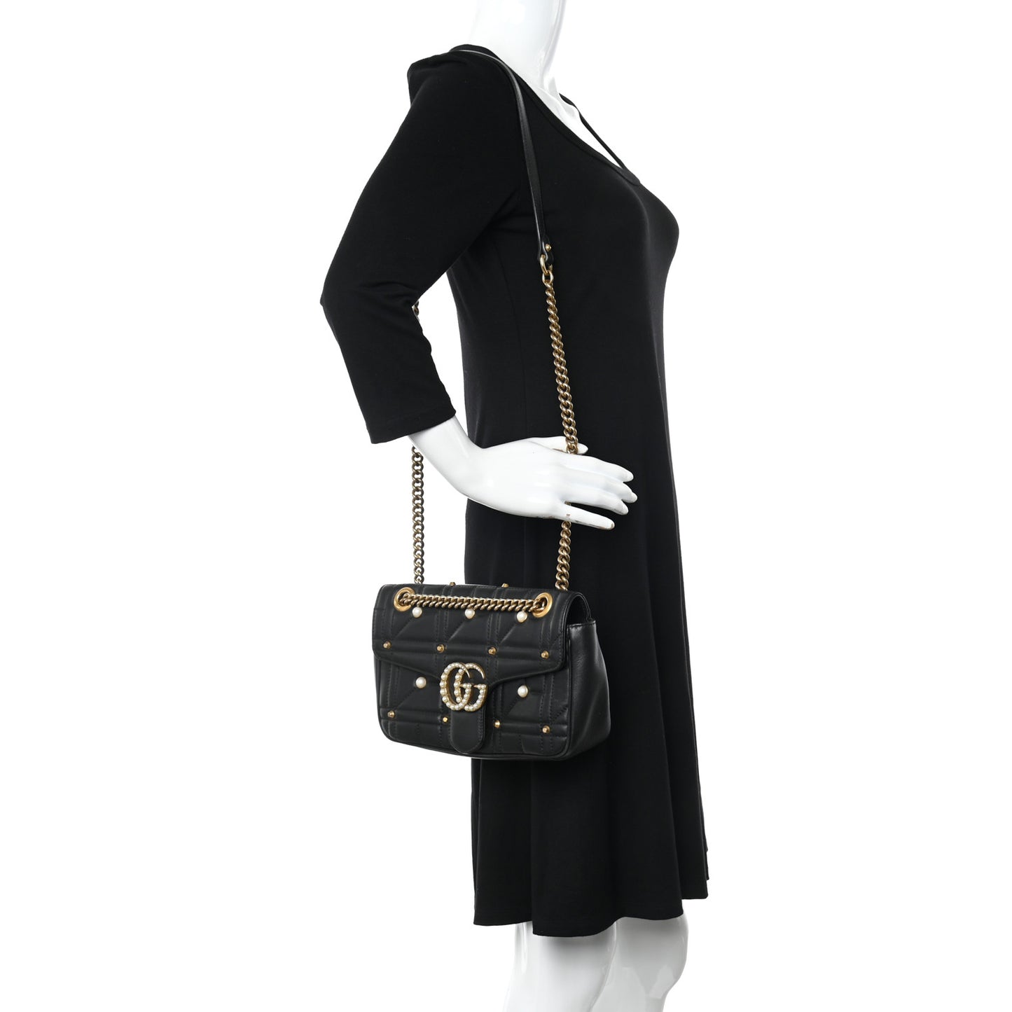 Calfskin Matelasse Studded Small Pearly GG Marmont Shoulder Bag Black
