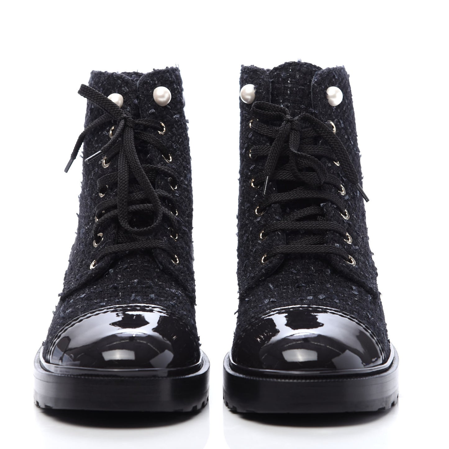 Tweed Patent Calfskin Pearl Combat Short Boots 40 Black Grey Blue