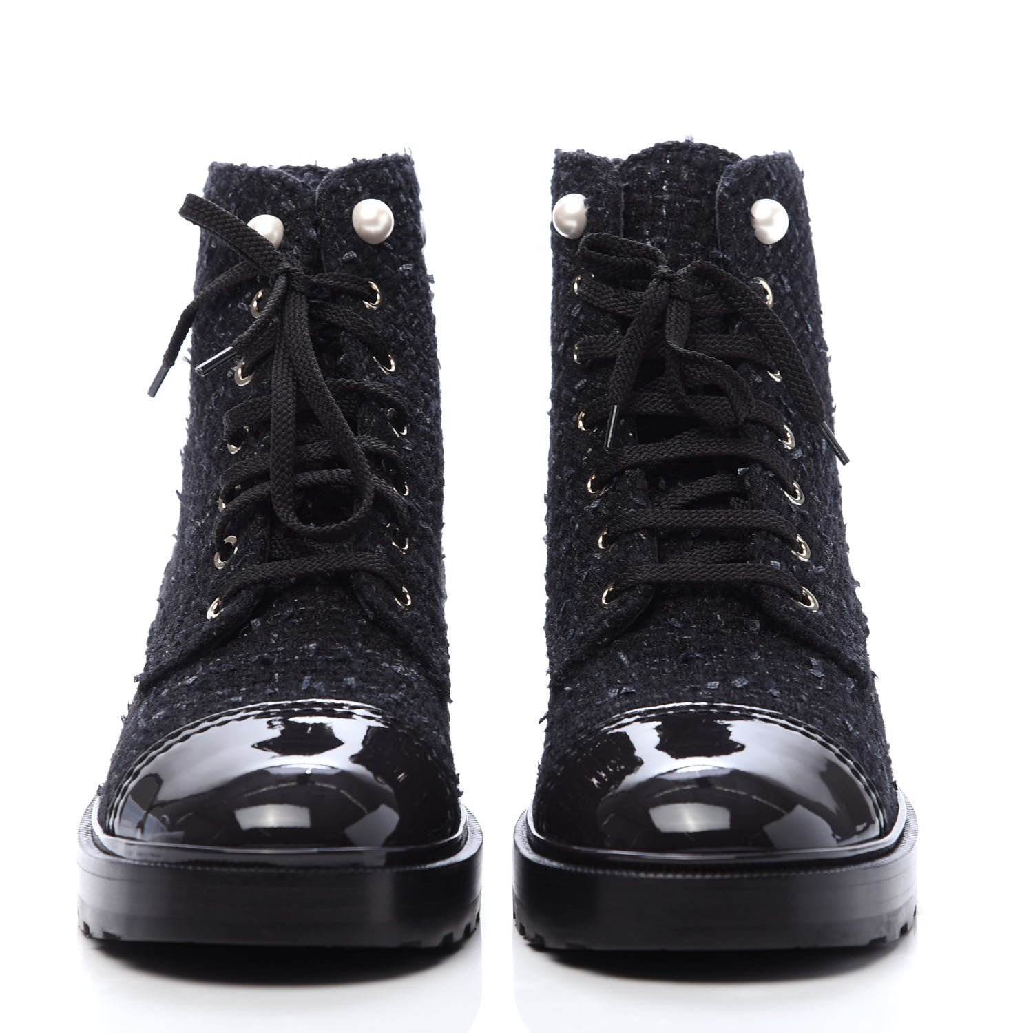Chanel Tweed Patent Calfskin Pearl Combat Short Boots 40 Black Grey Blue 2 of 9