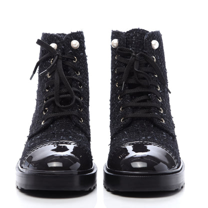 Chanel Tweed Patent Calfskin Pearl Combat Short Boots 40 Black Grey Blue 2 of 9