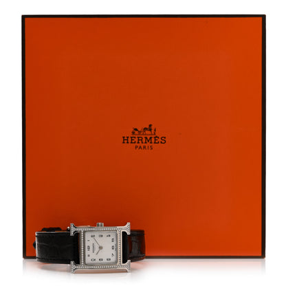 Hermes Stainless Steel Alligator Diamond Bezel Mother of Pearl 21mm Heure H Hour Quartz Watch Noir 5 of 5