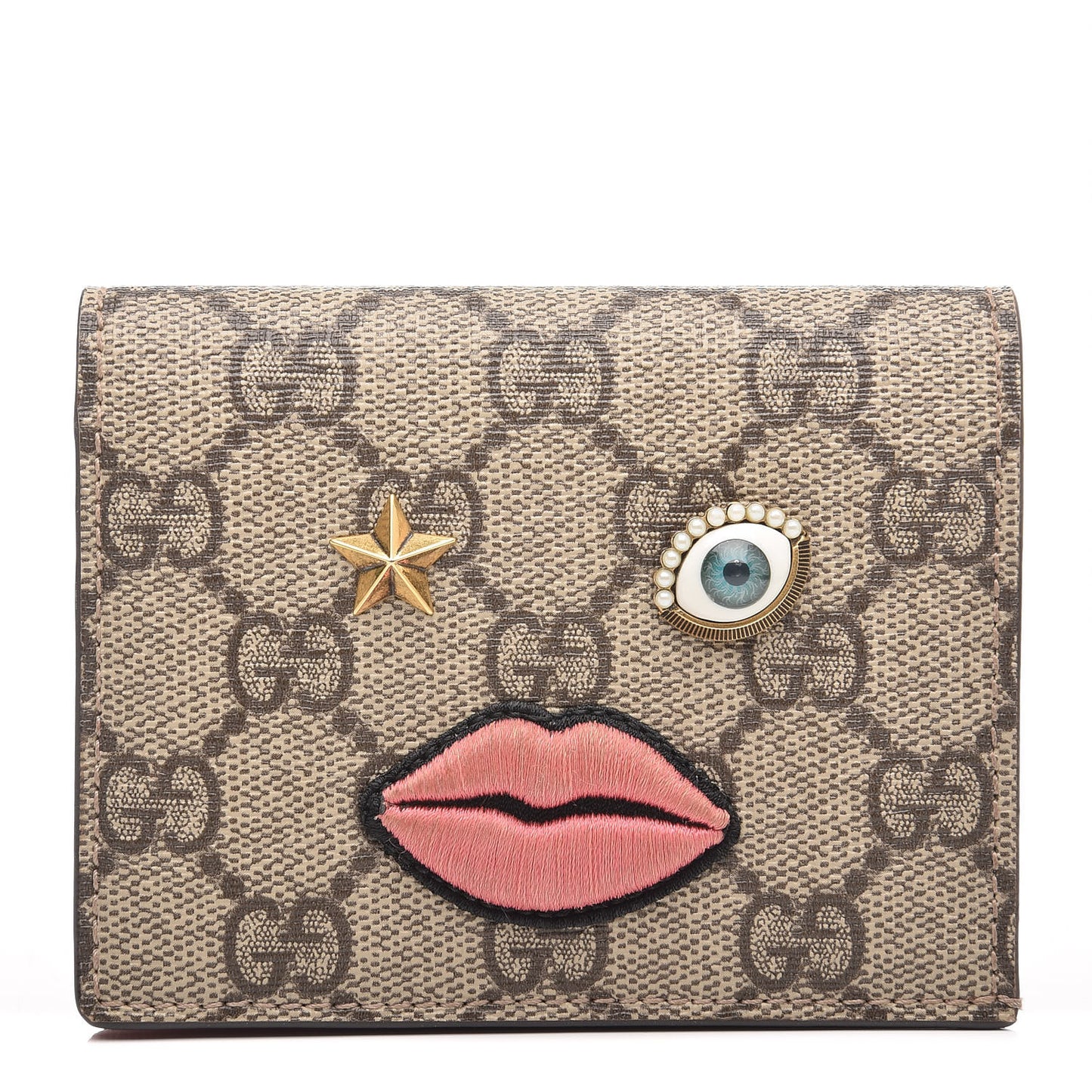 GG Supreme Monogram Face Embroidered Card Case Wallet Pink