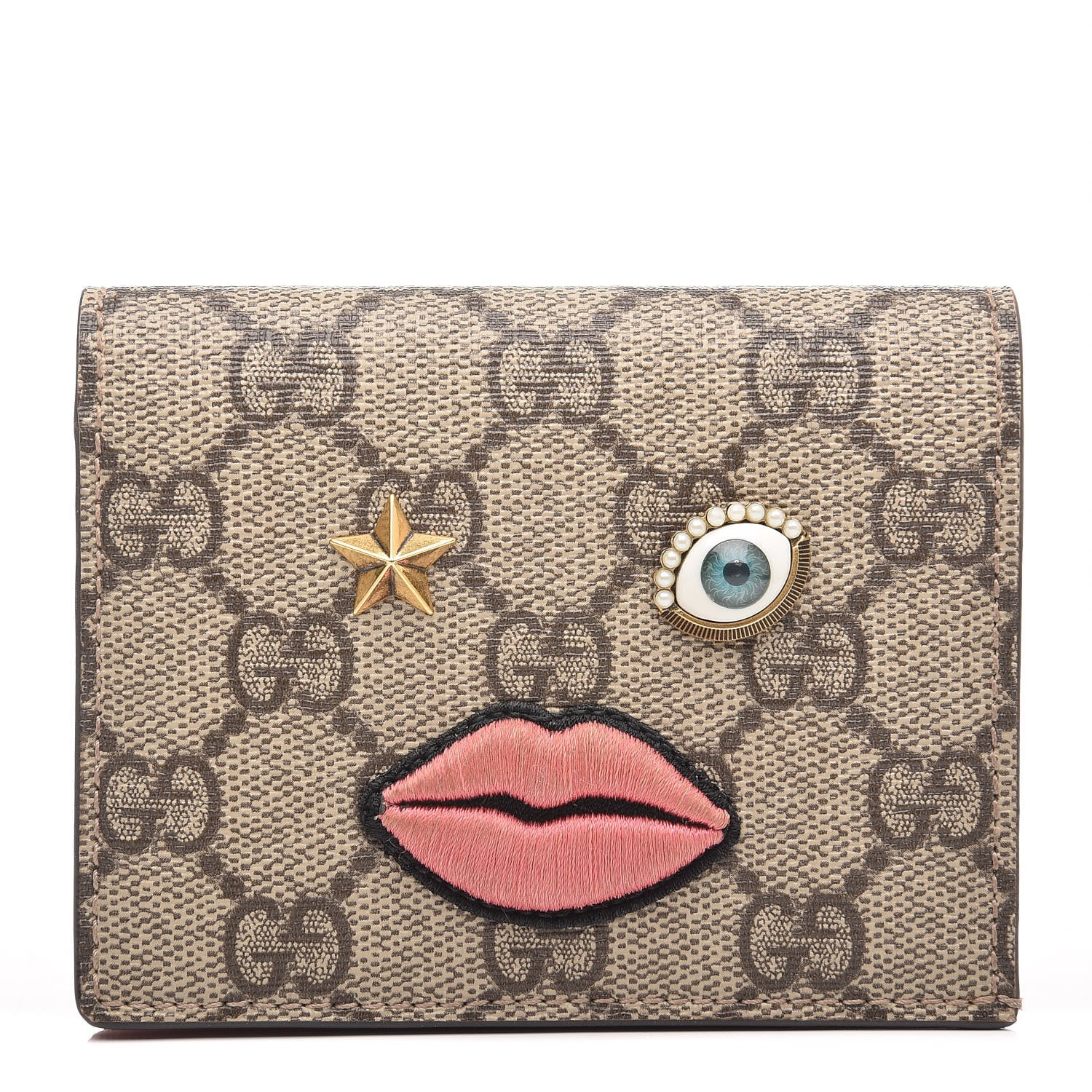 Gucci GG Supreme Monogram Face Embroidered Card Case Wallet Pink 1 of 8