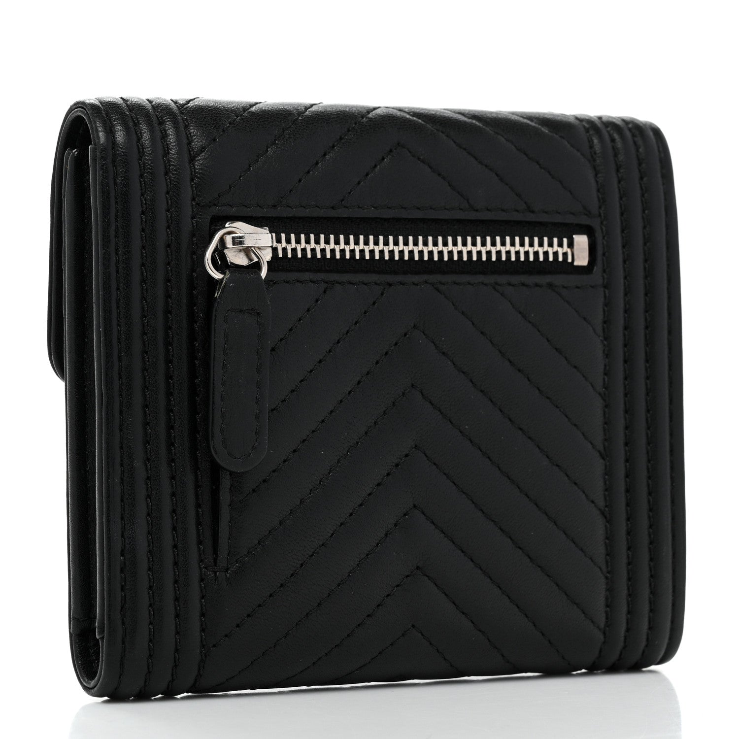 Chanel Lambskin Chevron Quilted Boy Compact Wallet Black 3 of 8