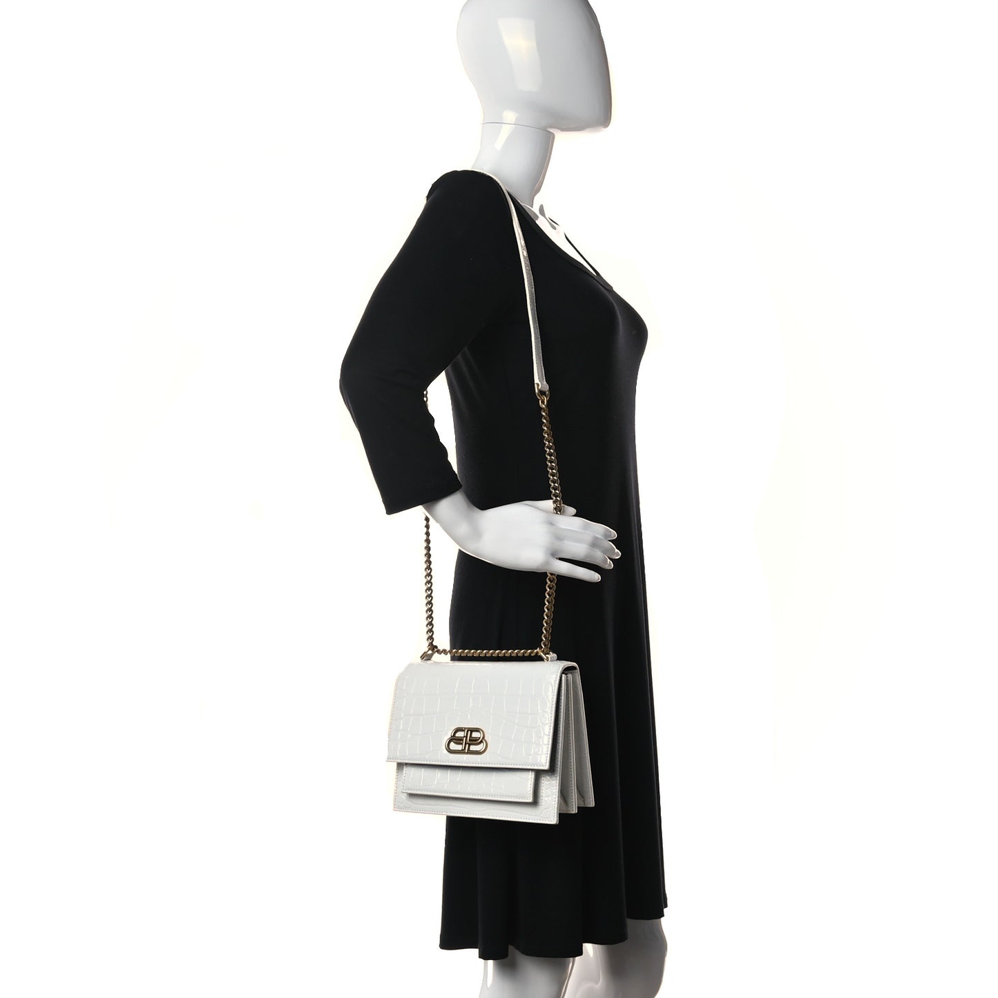 Shiny Calfskin Crocodile Embossed S Sharp Chain Shoulder Bag Optic White