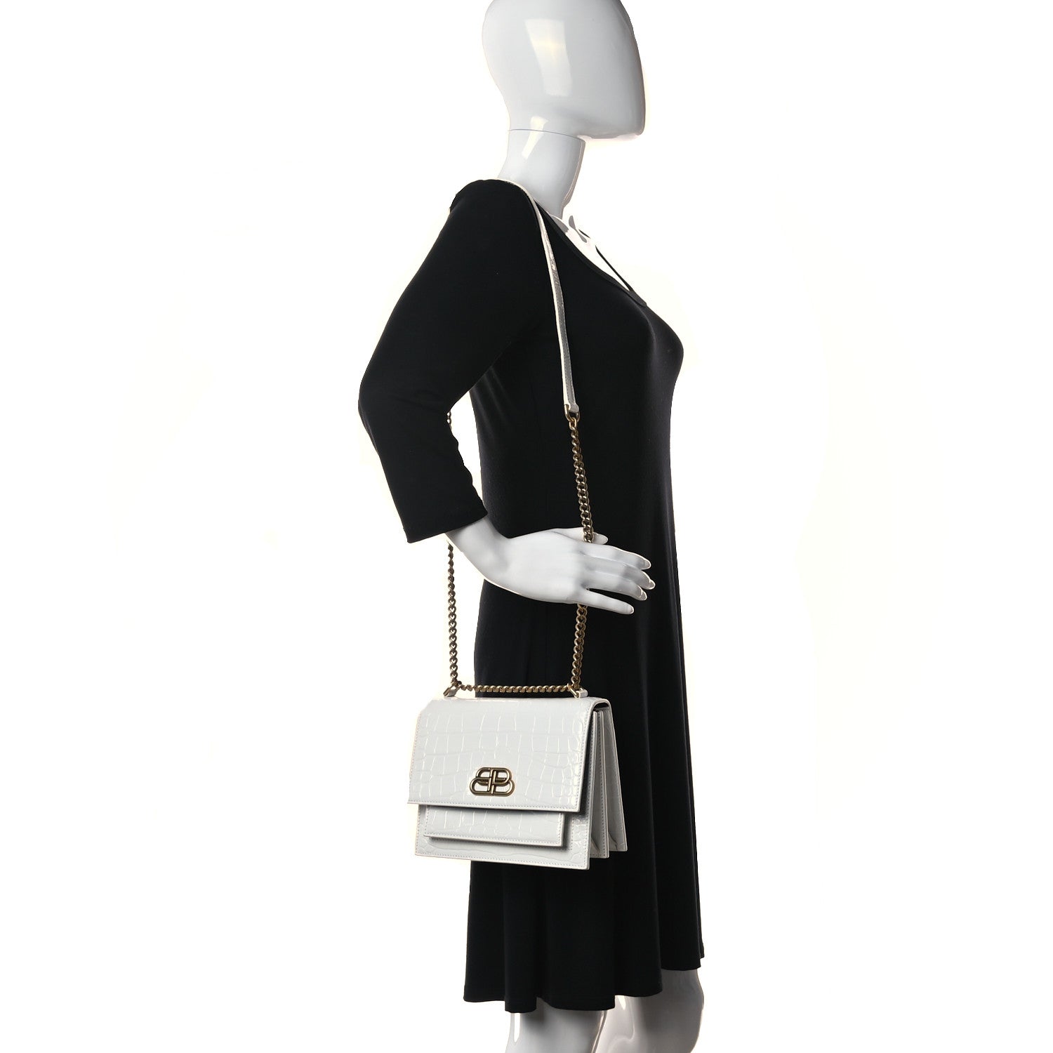 Balenciaga Shiny Calfskin Crocodile Embossed S Sharp Chain Shoulder Bag Optic White 2 of 9