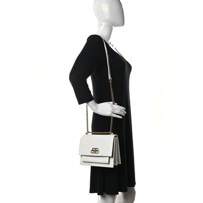 Balenciaga Shiny Calfskin Crocodile Embossed S Sharp Chain Shoulder Bag Optic White 2 of 9