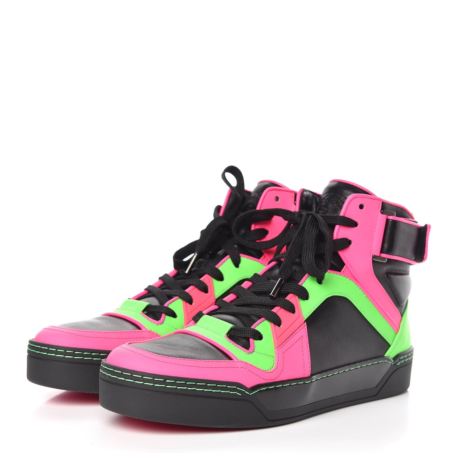 Calfskin Womens High Top Sneakers 40 Black Neon Green Pink