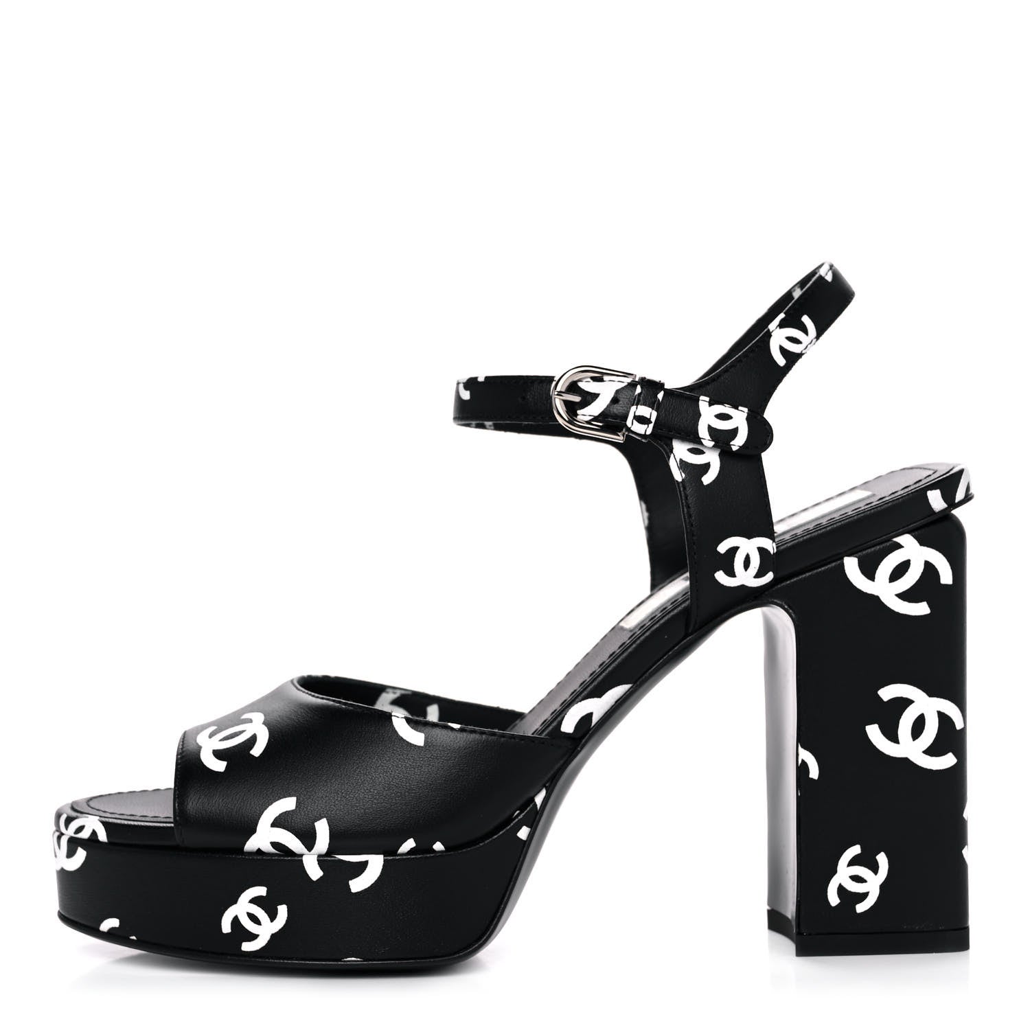 Chanel Printed Lambskin Coco Beach Platform Sandals 37 Black White 1 of 9