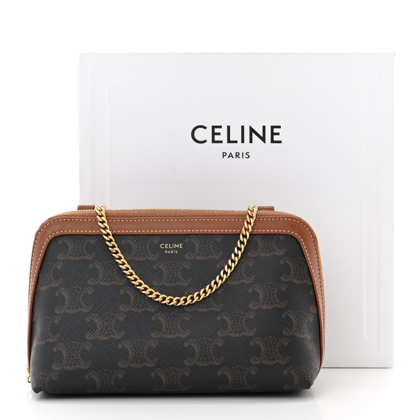Triomphe Canvas Lambskin Clutch On Chain Tan