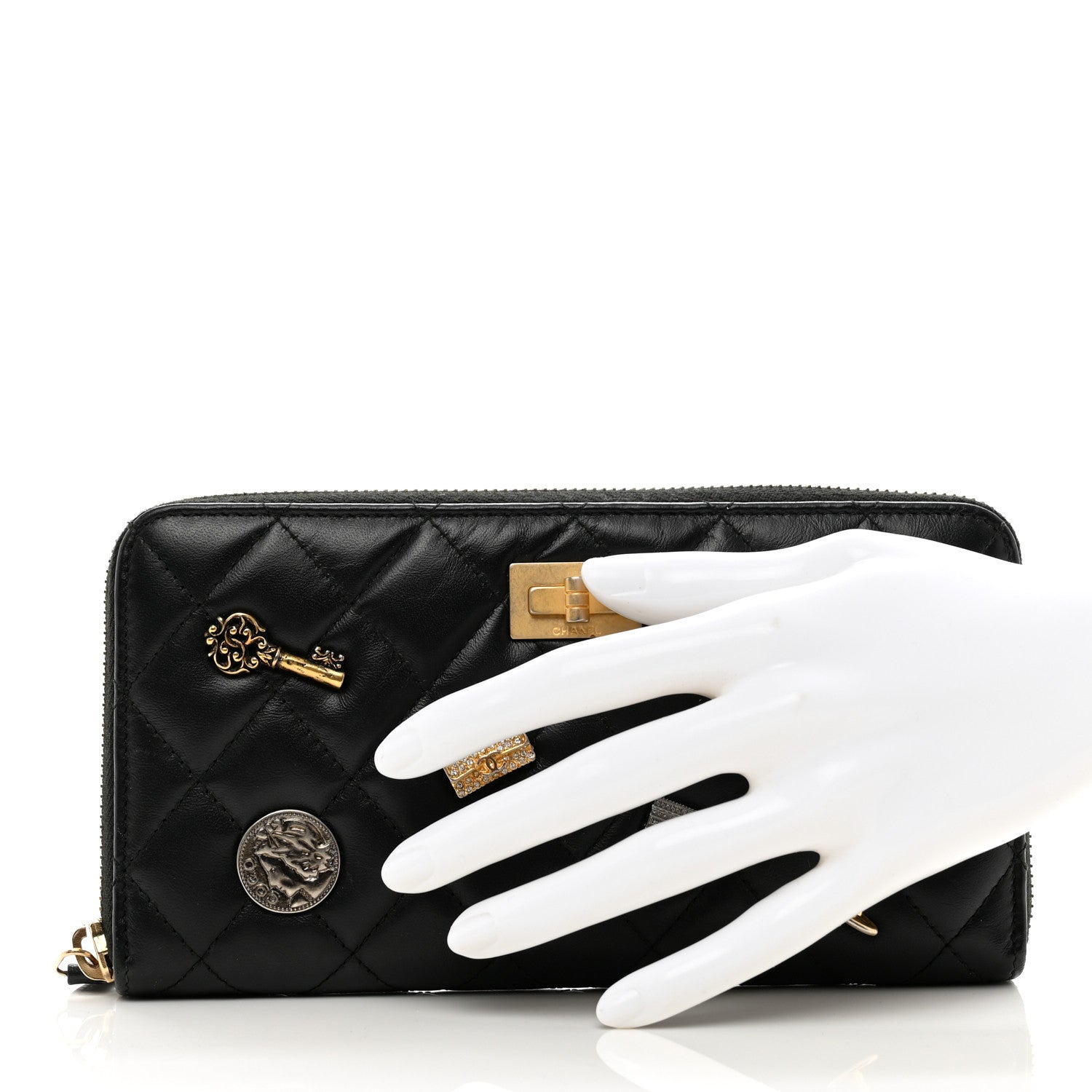 Chanel Aged Calfskin Quilted Lucky Charms 2.55 Reissue Zip Around Wallet Black 2 of 9