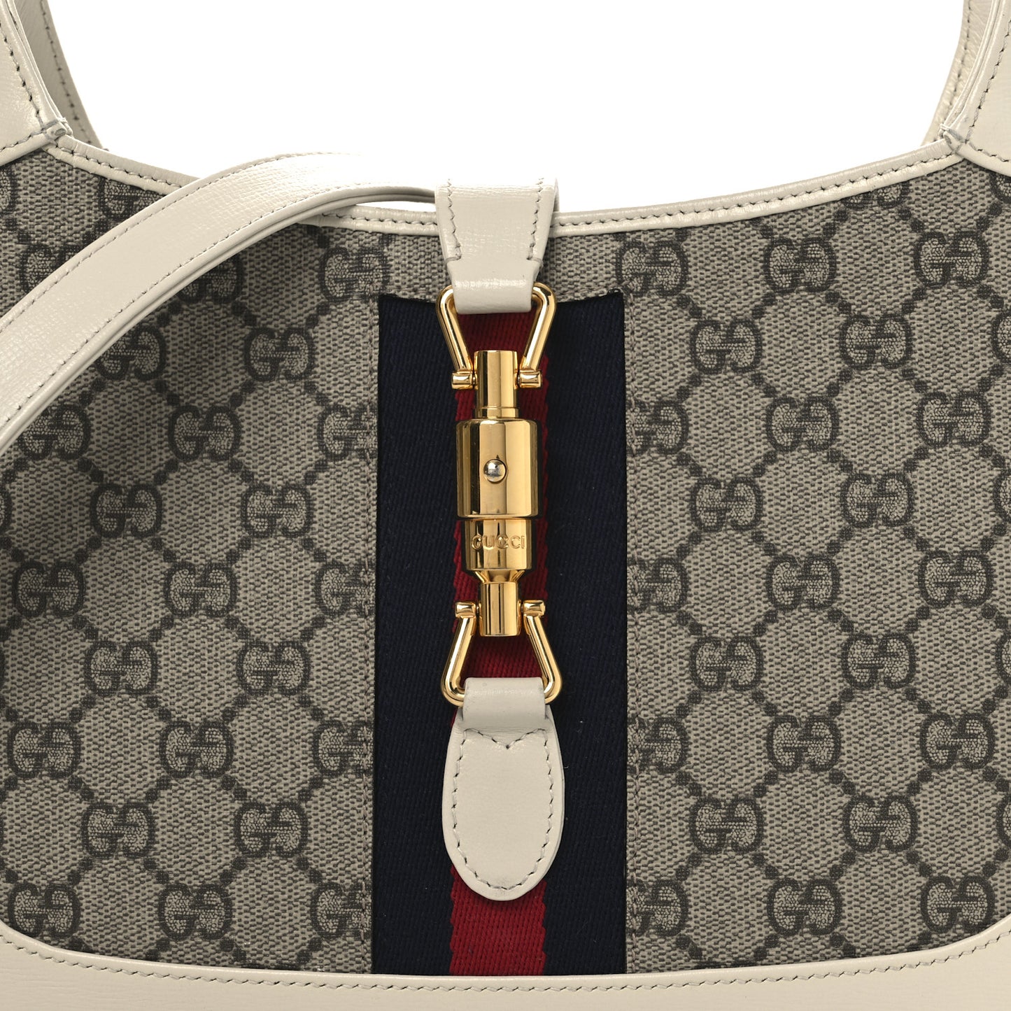 GG Supreme Monogram Azalea Calfskin Web Small Jackie 1961 Hobo Beige Ebony Mystic White
