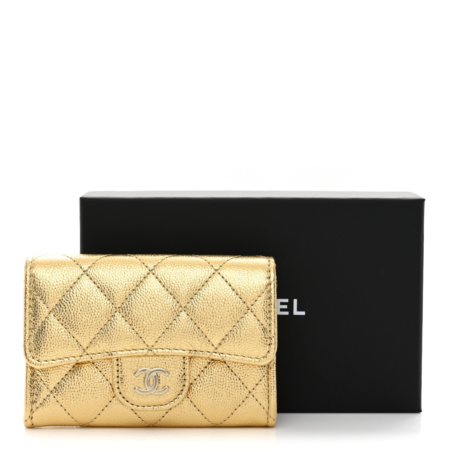 Chanel Metallic Caviar Quilted Flap Card Holder Wallet Gold