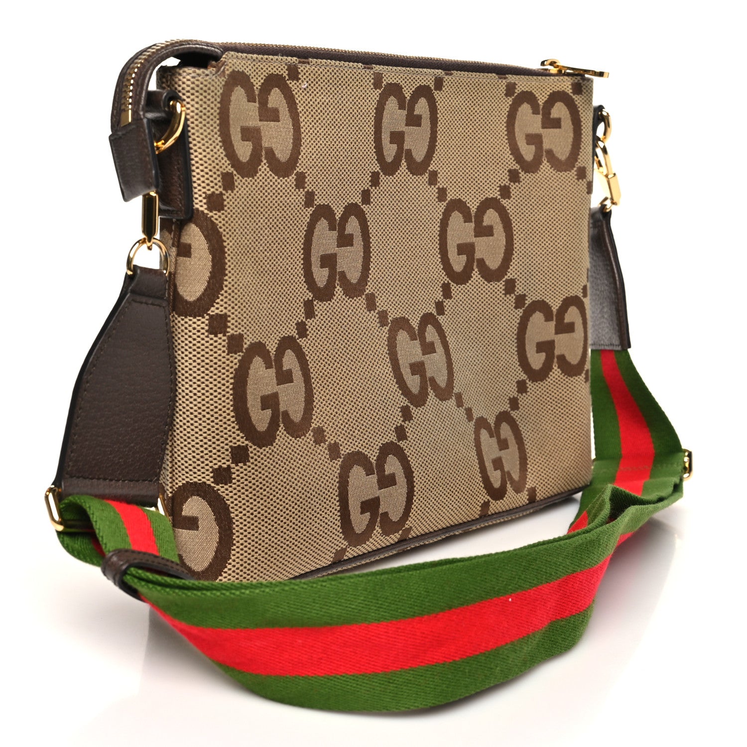 Gucci Monogram Jumbo GG Textured Dollar Calfskin Web Wristlet Messenger Bag Camel Ebony New Acero 3 of 9