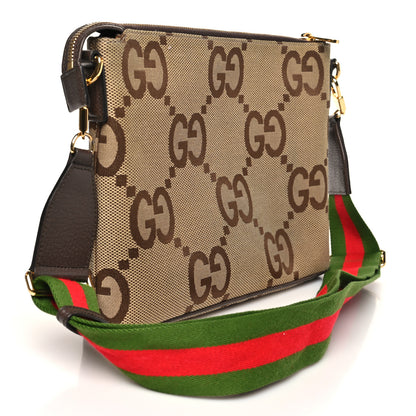 Gucci Monogram Jumbo GG Textured Dollar Calfskin Web Wristlet Messenger Bag Camel Ebony New Acero 3 of 9