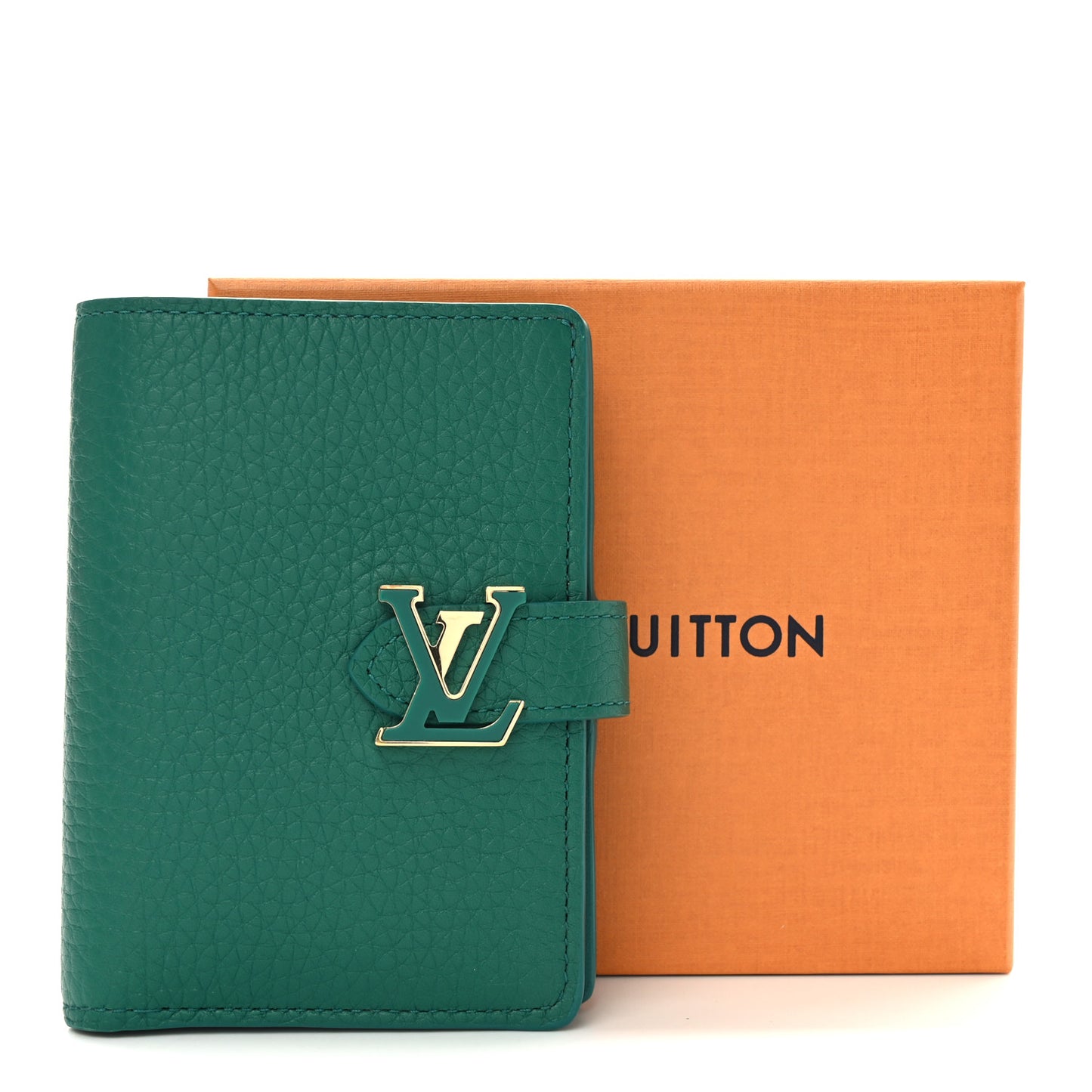 Taurillon Capucines Vertical Compact Wallet Green