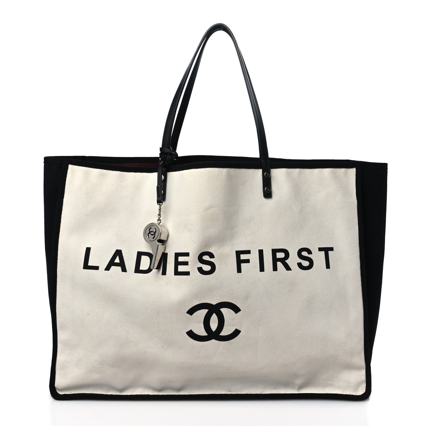 Canvas Calfskin Large Let's Demonstrate Tote White Black