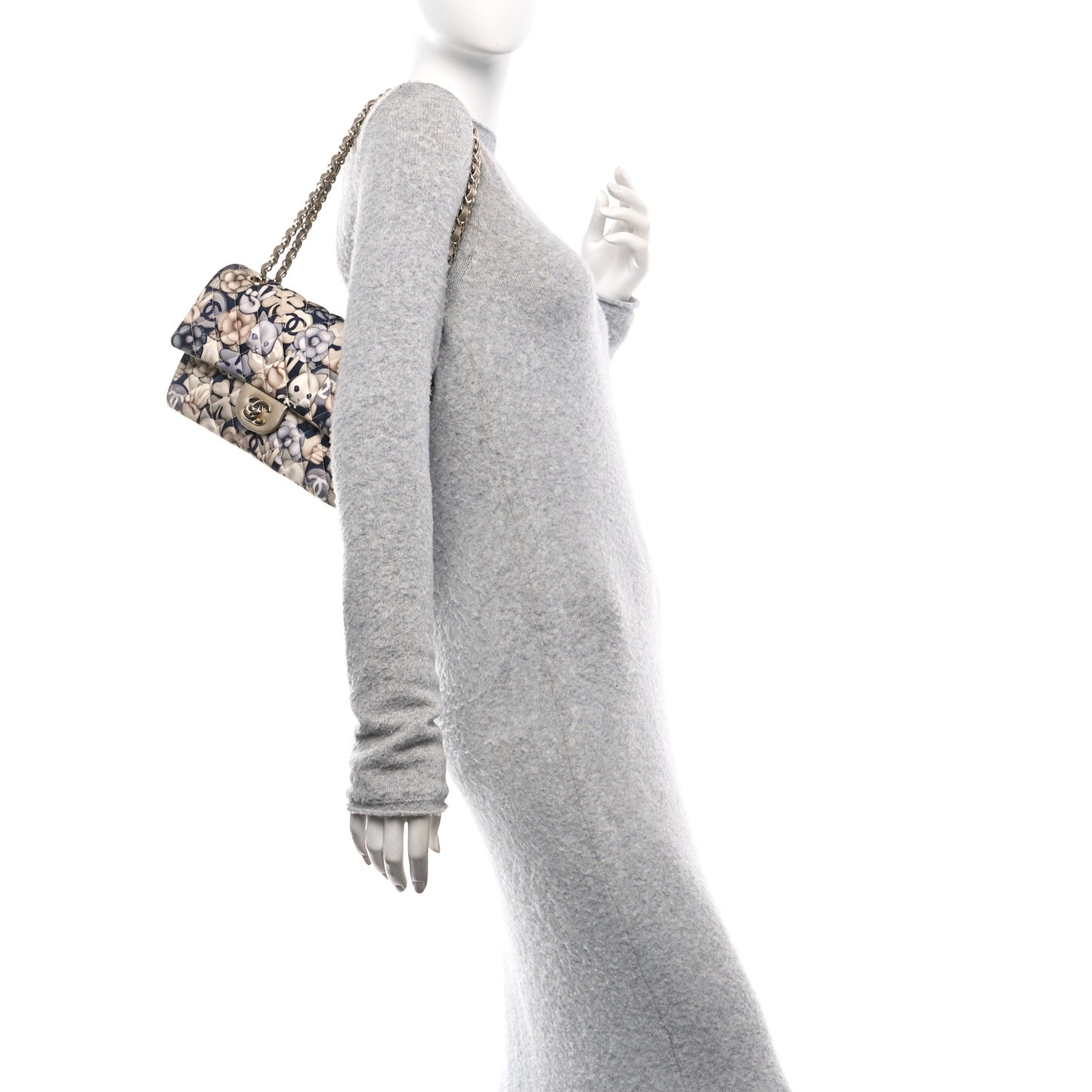 Nylon Quilted Medium Cat Emoticon Double Flap Navy Grey Ecru